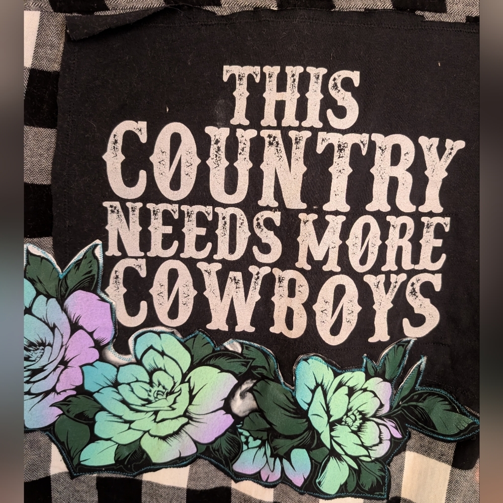 Cowgirl flannel distressed shirt, NEED MORE COWBOYS oversized upcycled XL